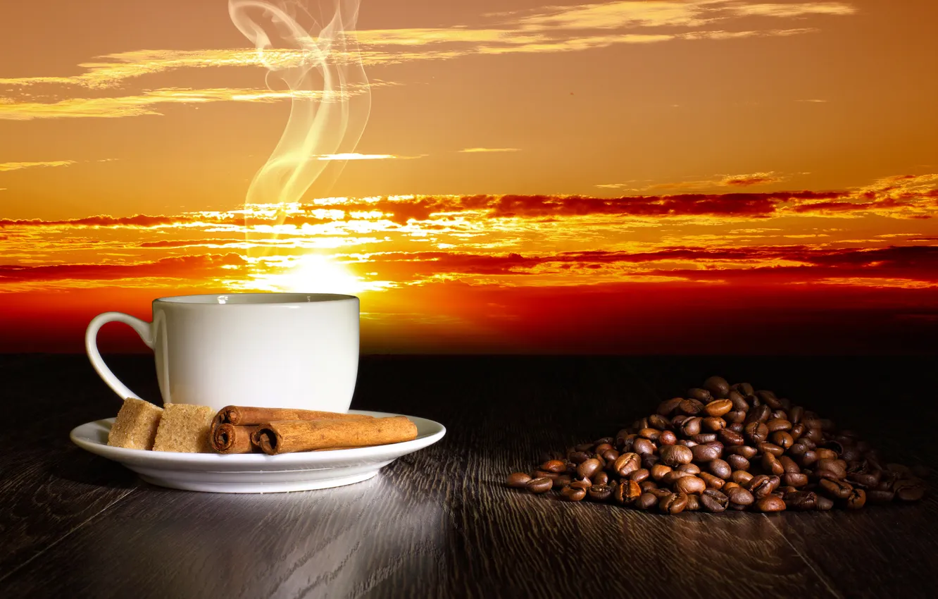 Фото обои кофе, зерна, чашка, sky, sunset, clouds, sun, coffee