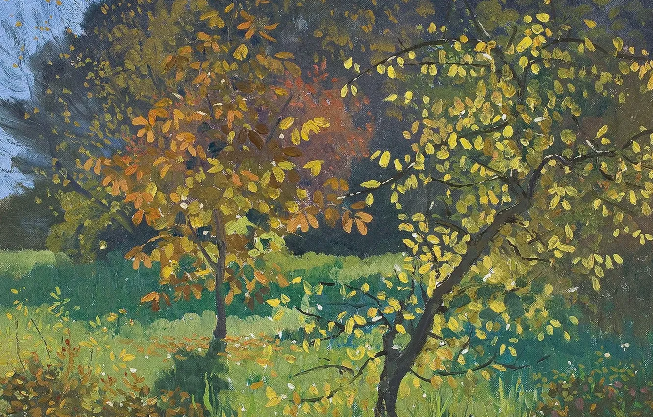 Фото обои осень, листья, деревья, пейзаж, природа, картина, Elioth Gruner, Autumn. Manar