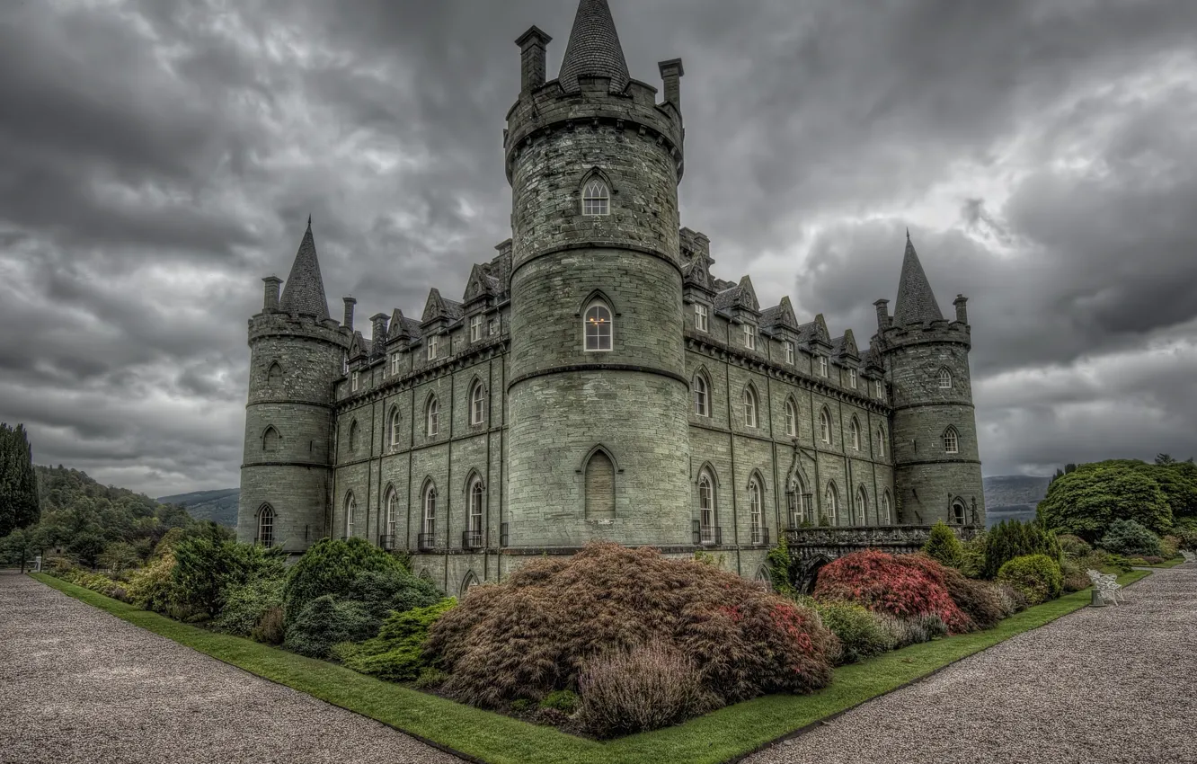 Фото обои Шотландия, кусты, Scotland, Inveraray Castle, Замок Инверари