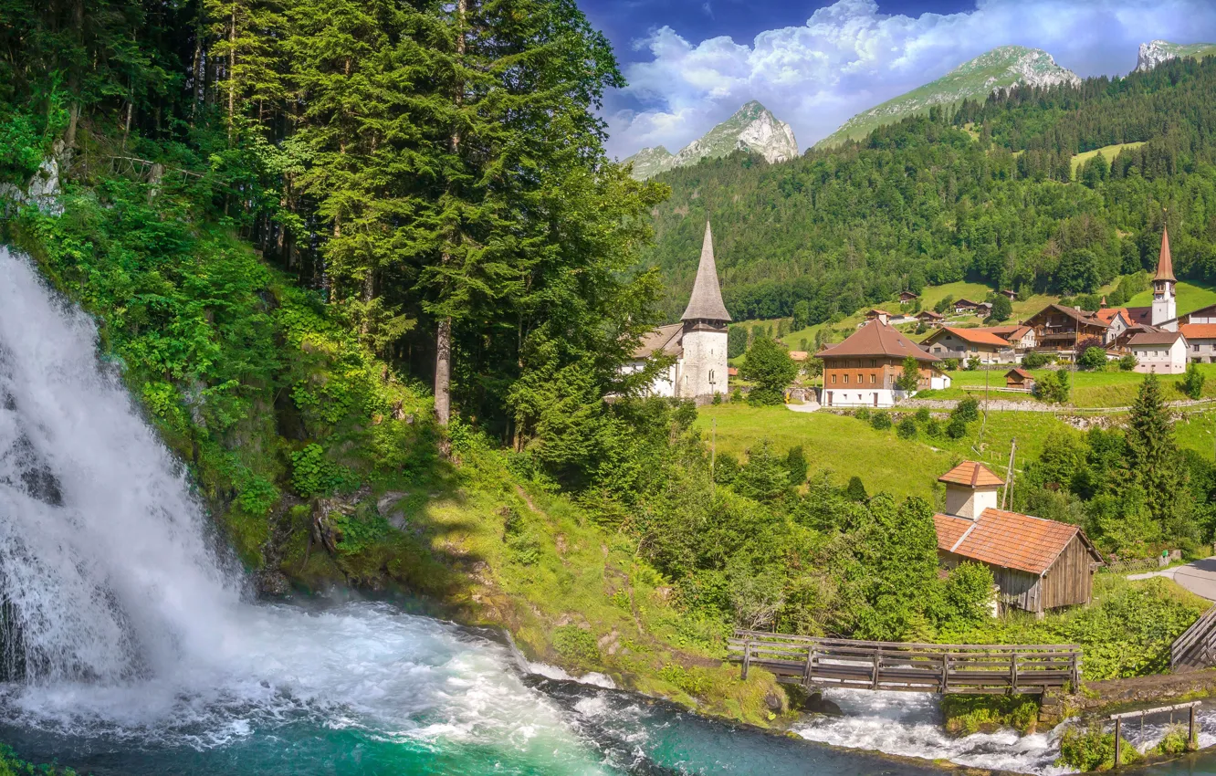 Фото обои лес, река, водопад, дома, Швейцария, долина, деревня, Switzerland