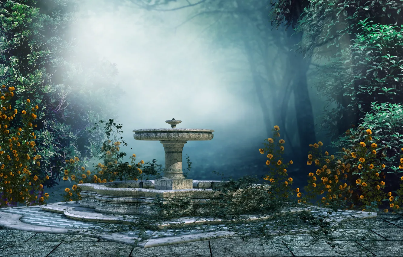 Фото обои деревья, пейзаж, цветы, туман, парк, настроение, фонтан, art