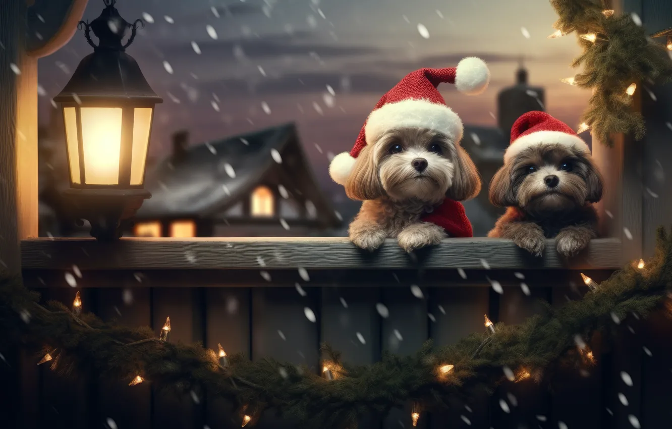 Фото обои собаки, взгляд, огни, собака, Рождество, подарки, Новый год, парочка