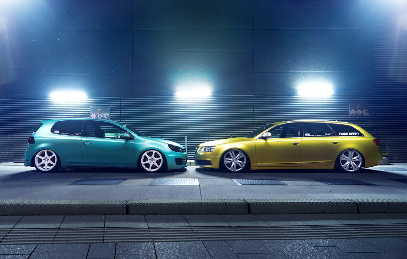 Фото обои green, профиль, low, stance, canibeat, Audi A6, stancenation, Volkswagen Golf 6 GTI