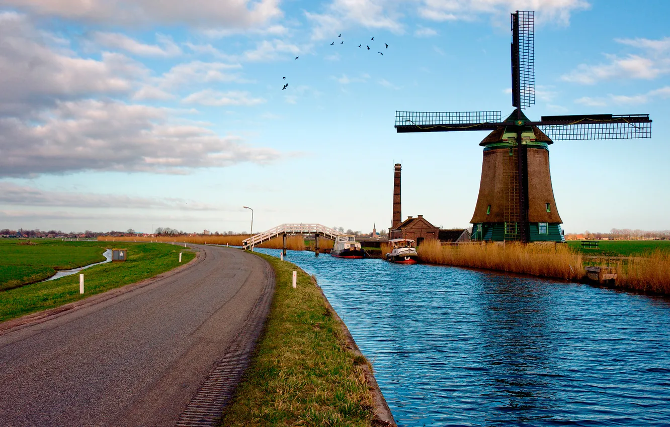 Фото обои дорога, пейзаж, река, мельница, нидерланды