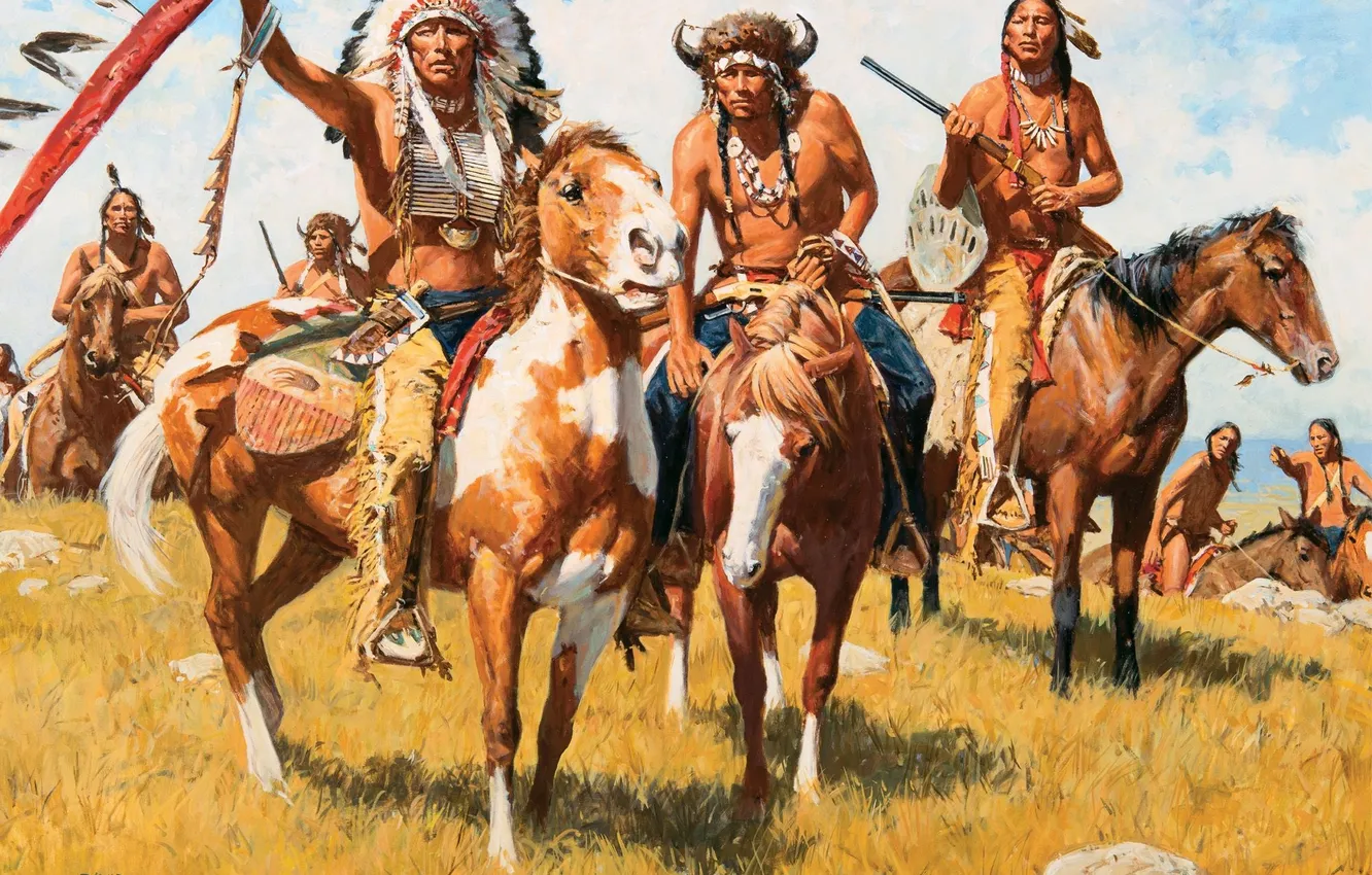 Фото обои Картина, Индейцы, Лошади, Мужчины, David Mann, Американский художник, Дэвид Манн, Хребет Кайова