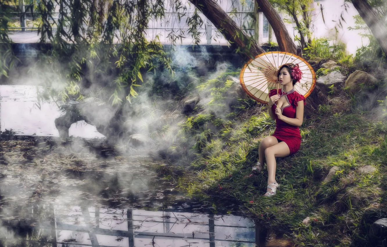 Фото обои лето, девушка, река, зонт, азиатка