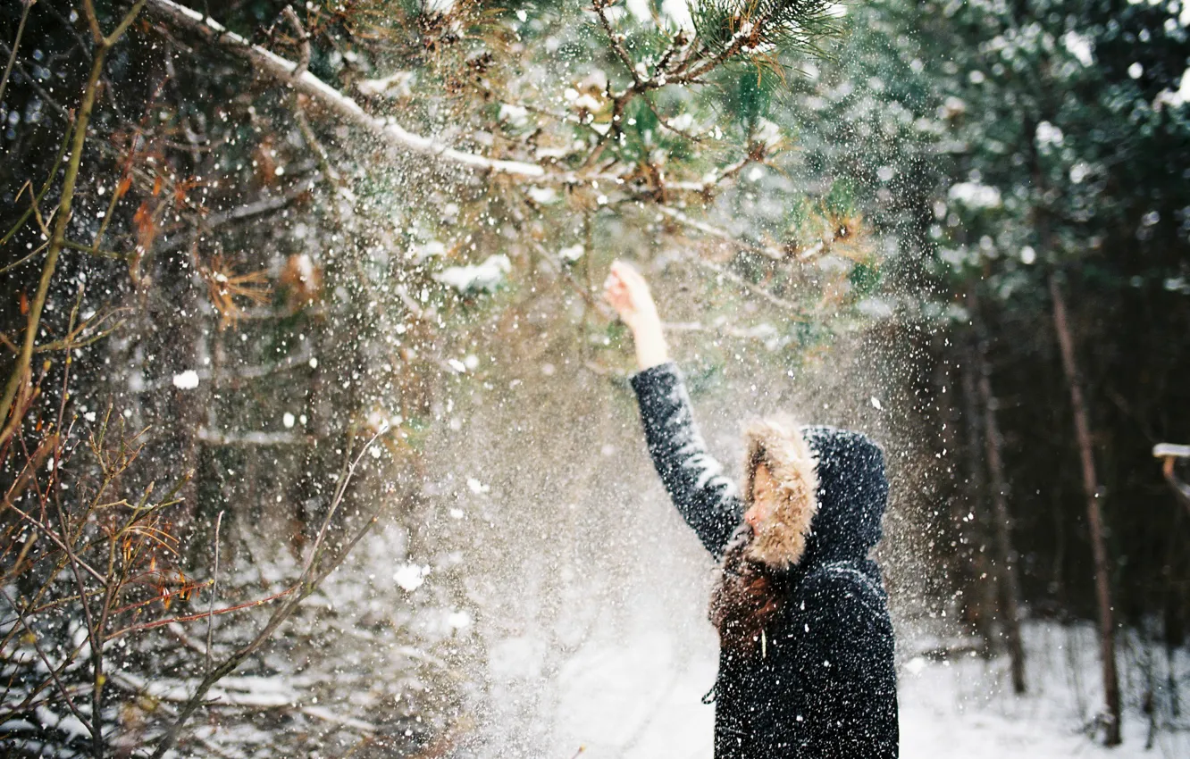 Фото обои зима, девушка, снег, ветки, куртка, капюшон, падает