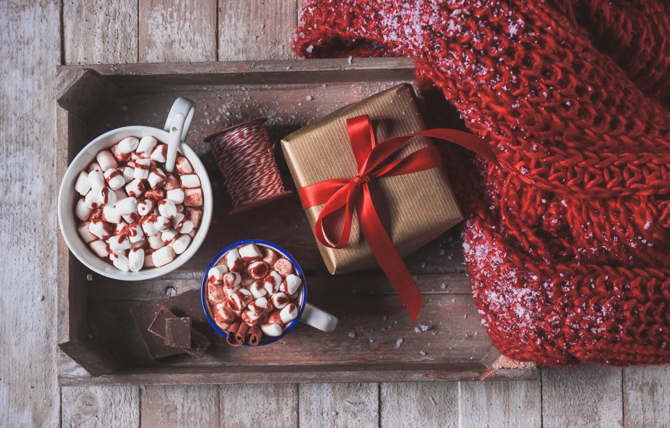 Фото обои подарок, шоколад, шарф, какао, cups, marshmallows, Valeria Aksakova