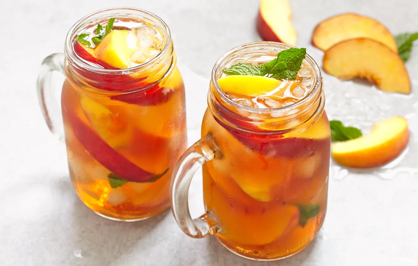 Фото обои лед, яблоки, напиток, персики, мята