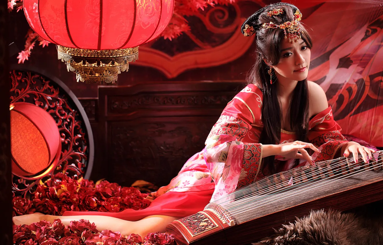 Фото обои стиль, музыкальный инструмент, восточная девушка, струнный