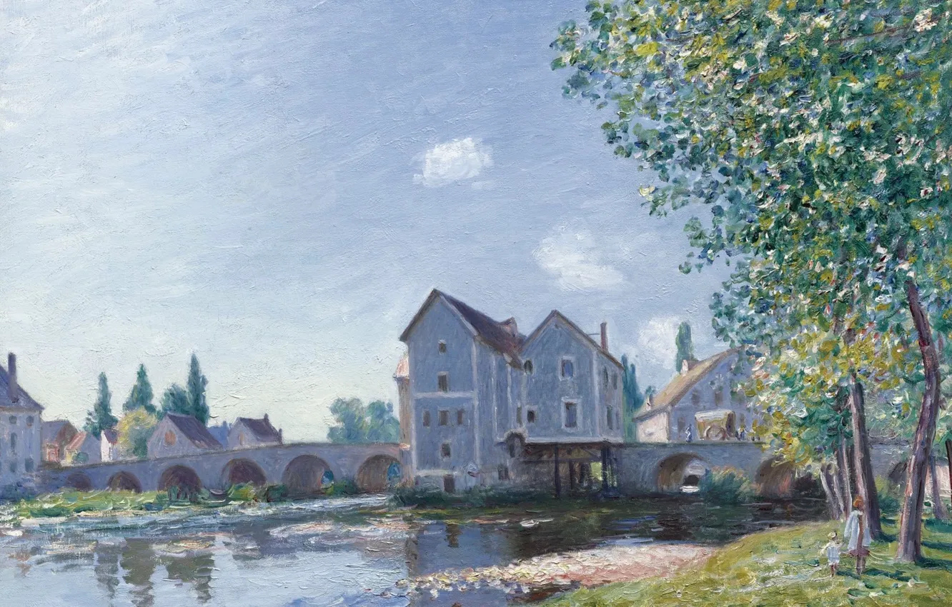 Фото обои дом, река, картина, Alfred Sisley, Альфред Сислей, Мост в Морэ-сюр-Луэне. Утренний Эффект