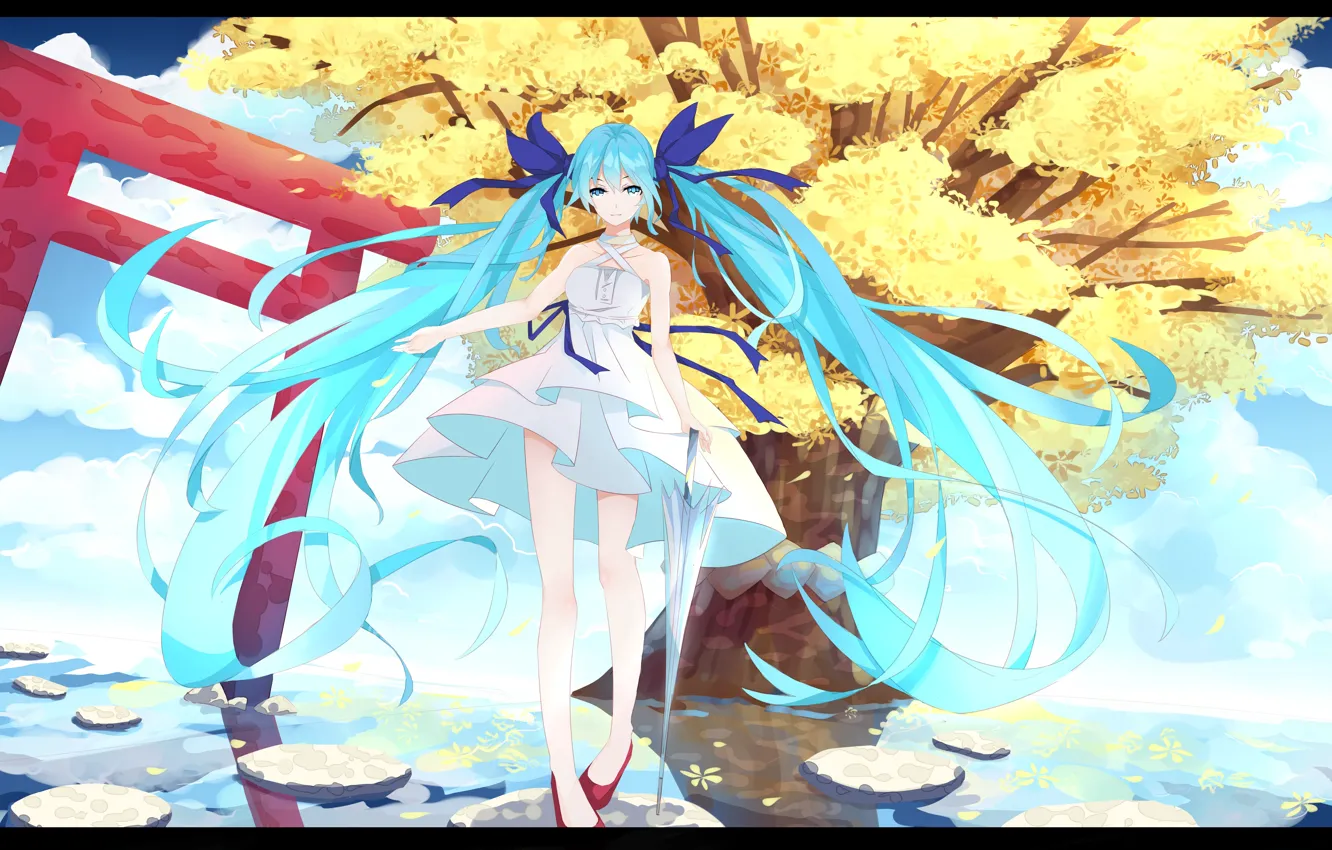 Фото обои вода, девушка, дерево, аниме, арт, vocaloid, hatsune miku, l.l.