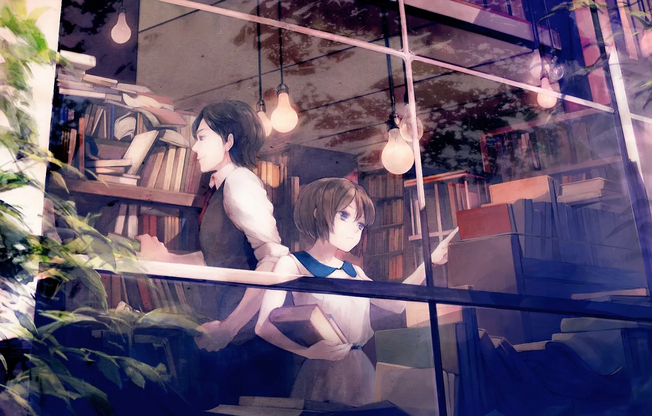 Фото обои девушка, книги, окно, арт, библиотека, парень, лампочки, полки