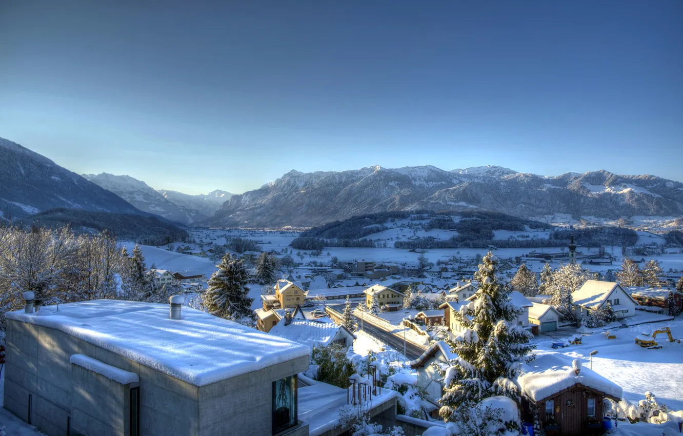 Фото обои зима, снег, деревья, горы, дома, Швейцария, долина, Kaltbrunn