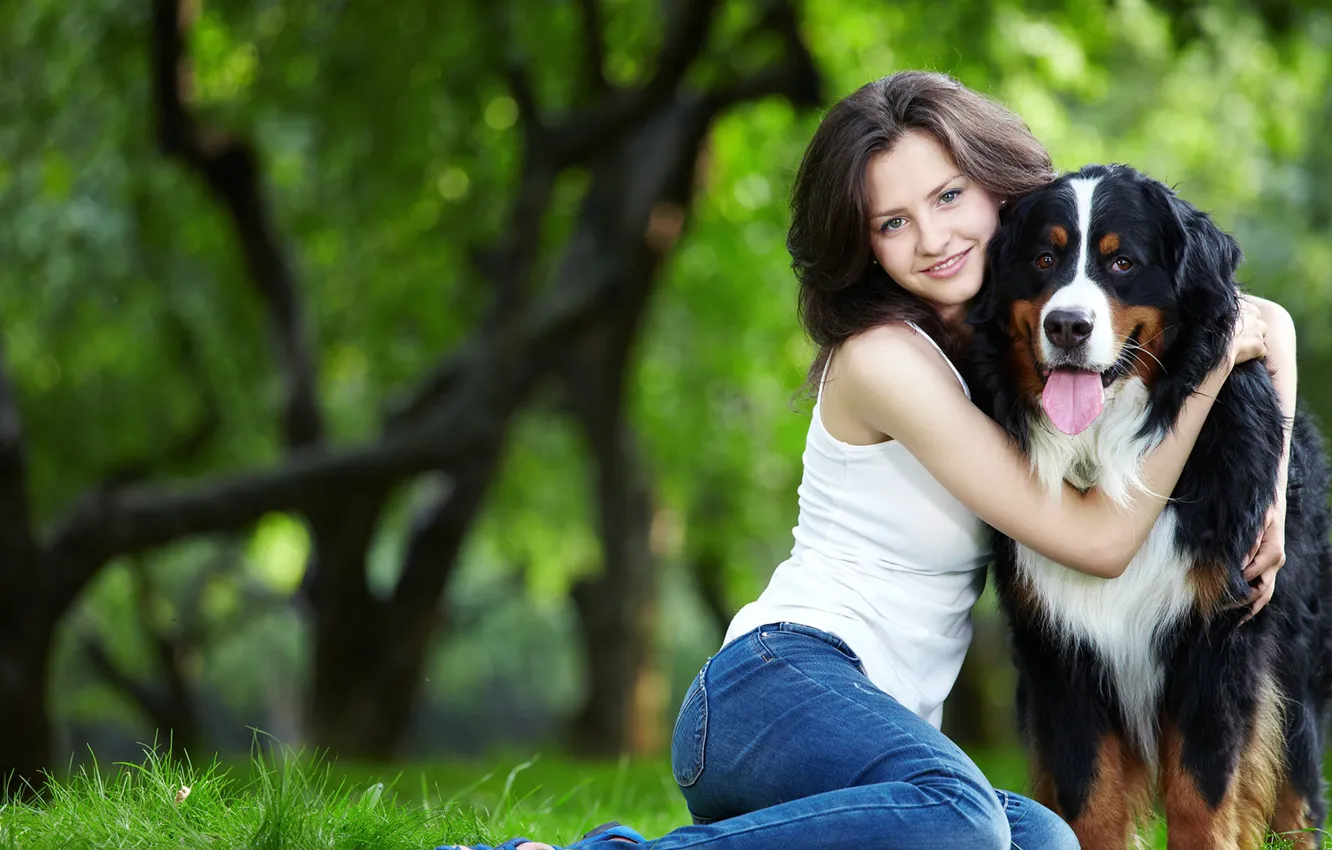 Фото обои girl, dog, parks, family