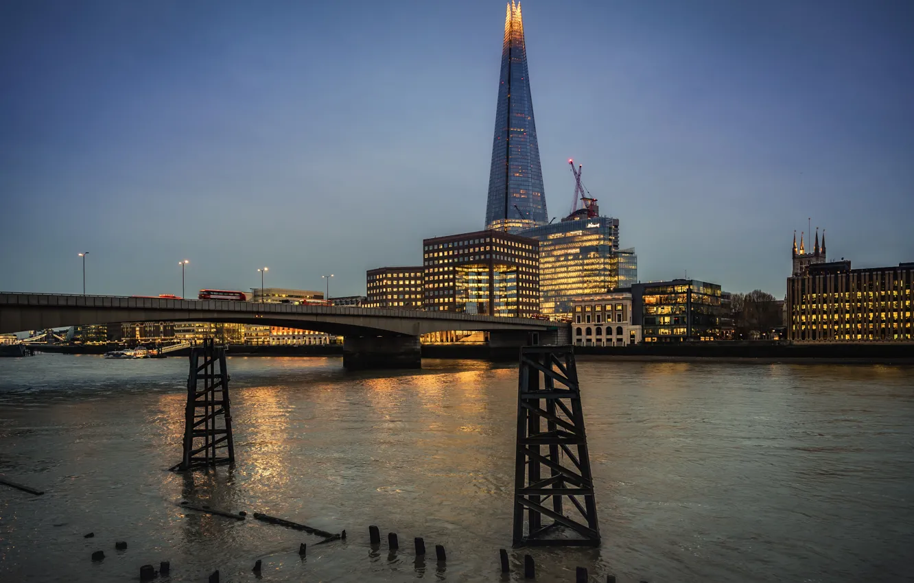 Фото обои огни, река, Англия, Лондон, вечер, Темза, небоскрёб, Thames