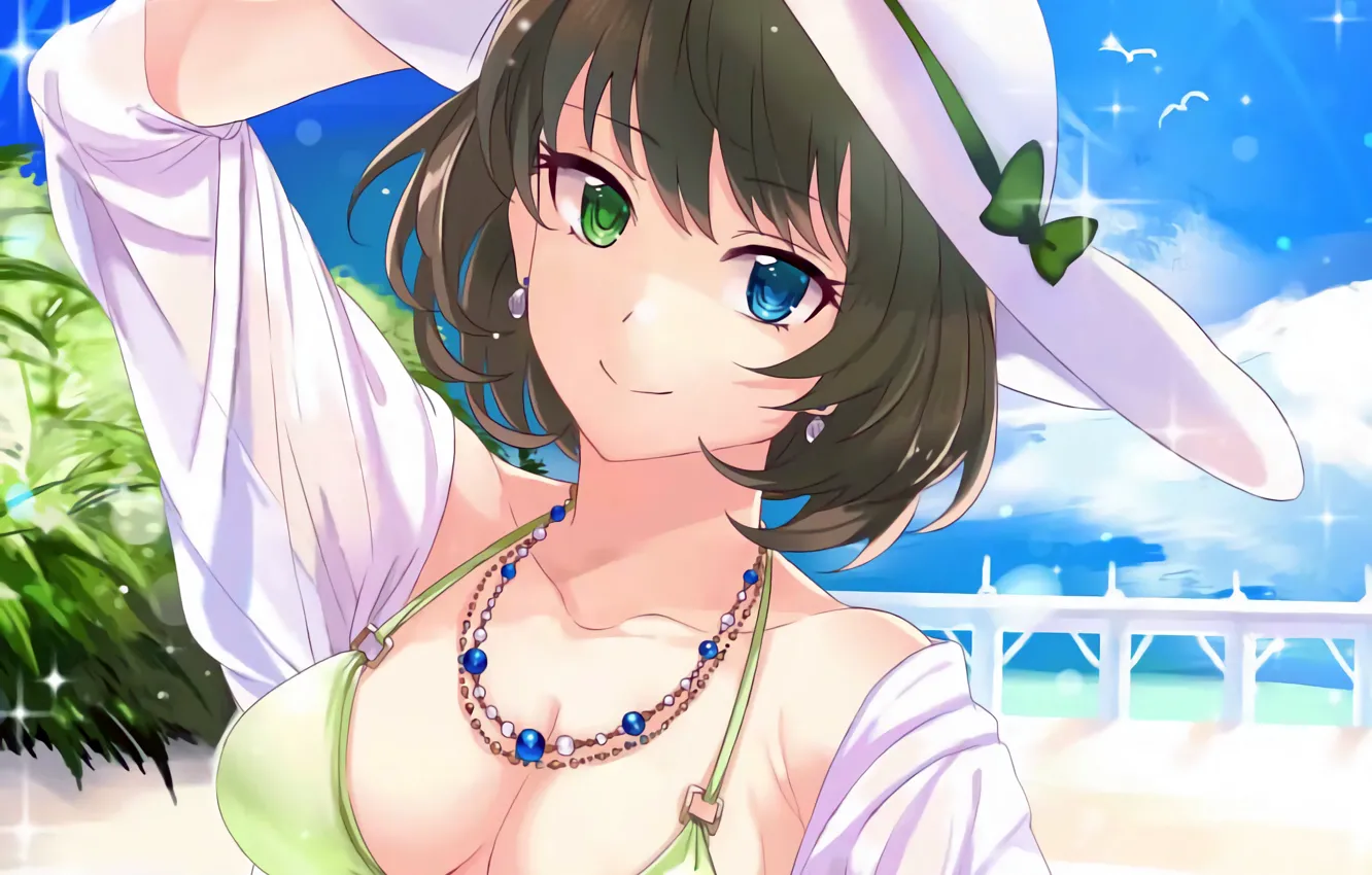 Фото обои girl, sexy, pool, cleavage, hat, boobs, anime, beautiful