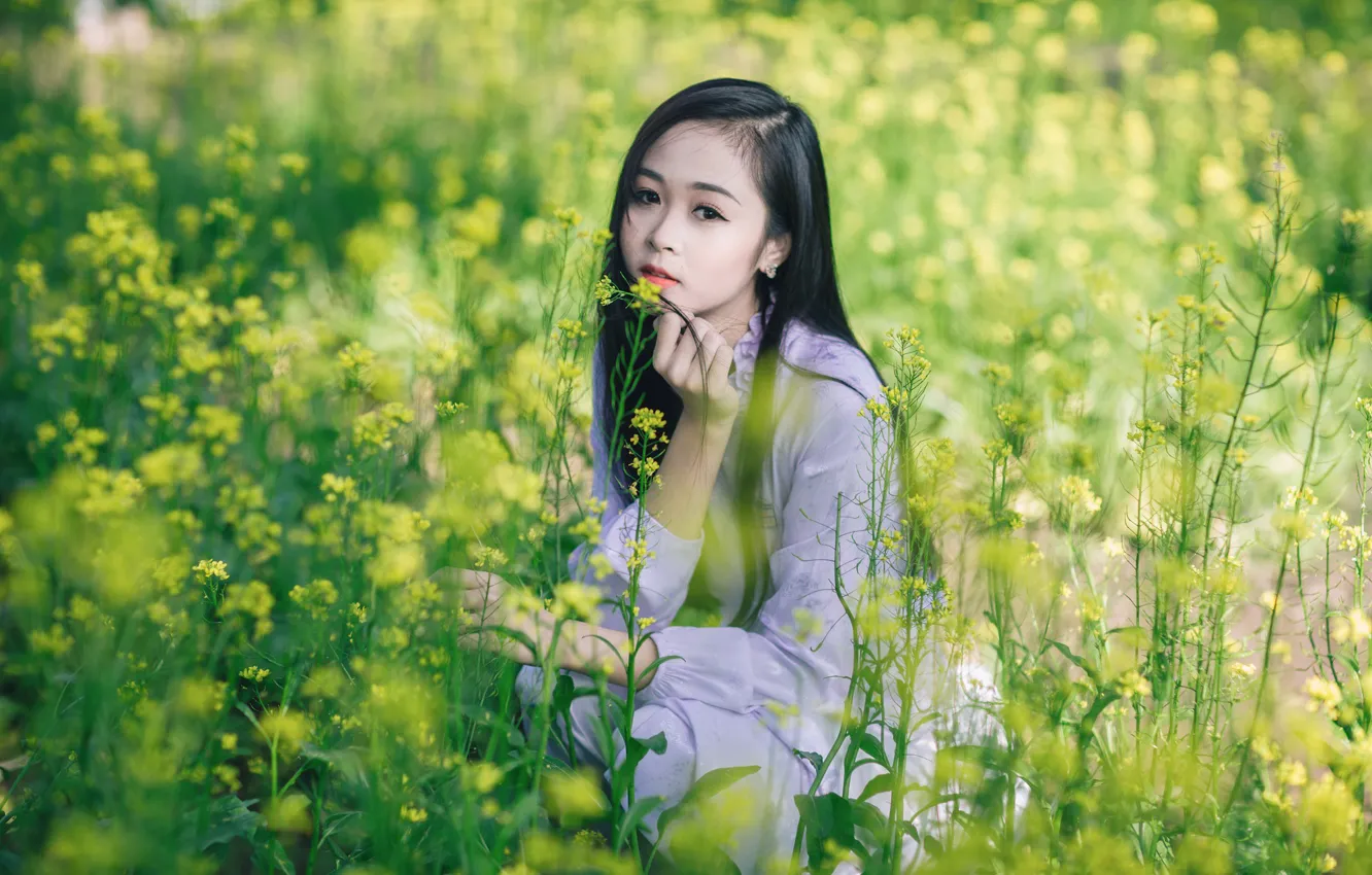 Фото обои цветы, брюнетка, азиатка, brown eyes, flowers, карие глаза, brunette, asian