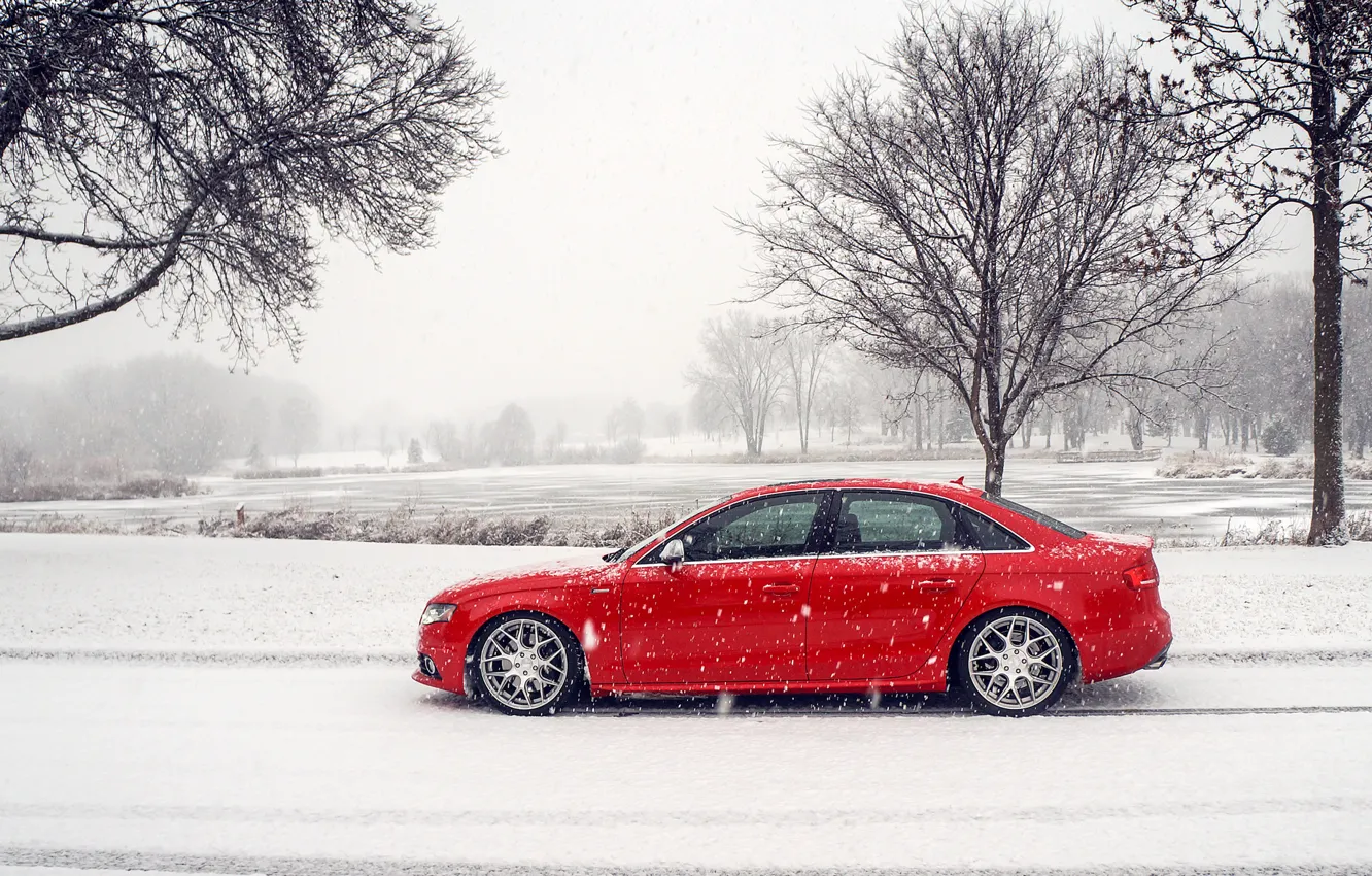 Фото обои зима, снег, Audi, ауди, профиль, red, красная