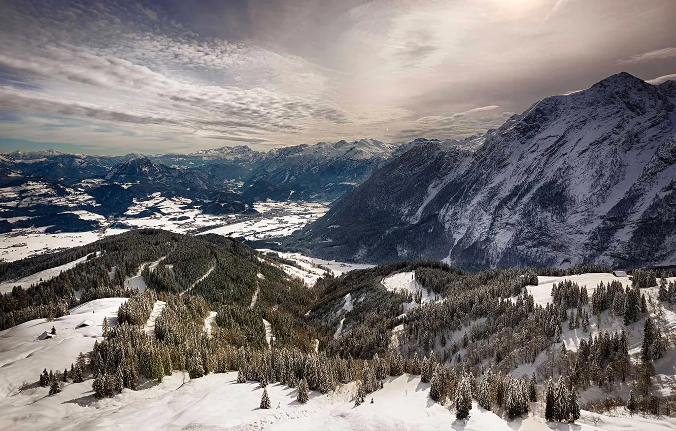 Фото обои зима, снег, деревья, горы, вершины, Германия, Бавария, Альпы