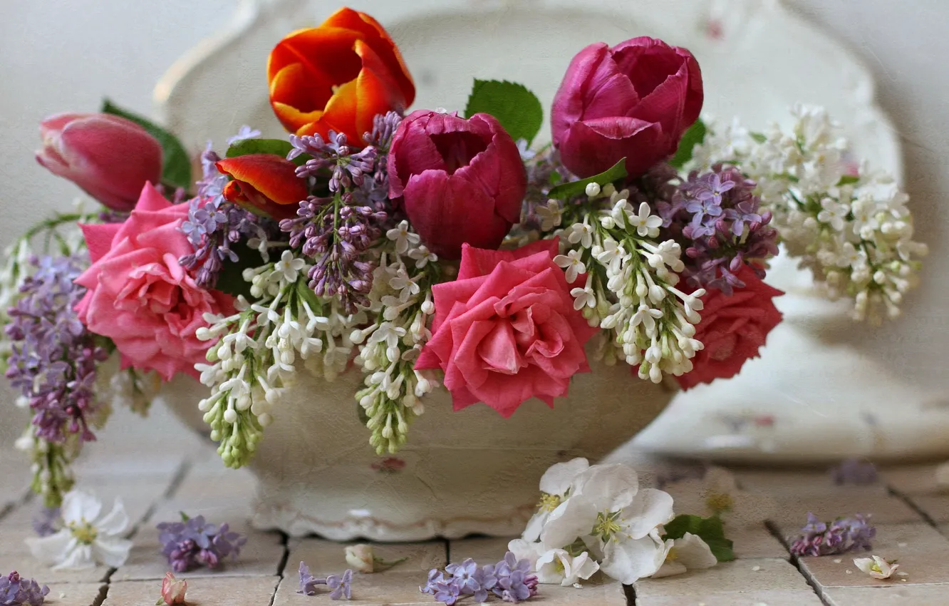 Фото обои букет, текстура, тюльпаны, весенний букет