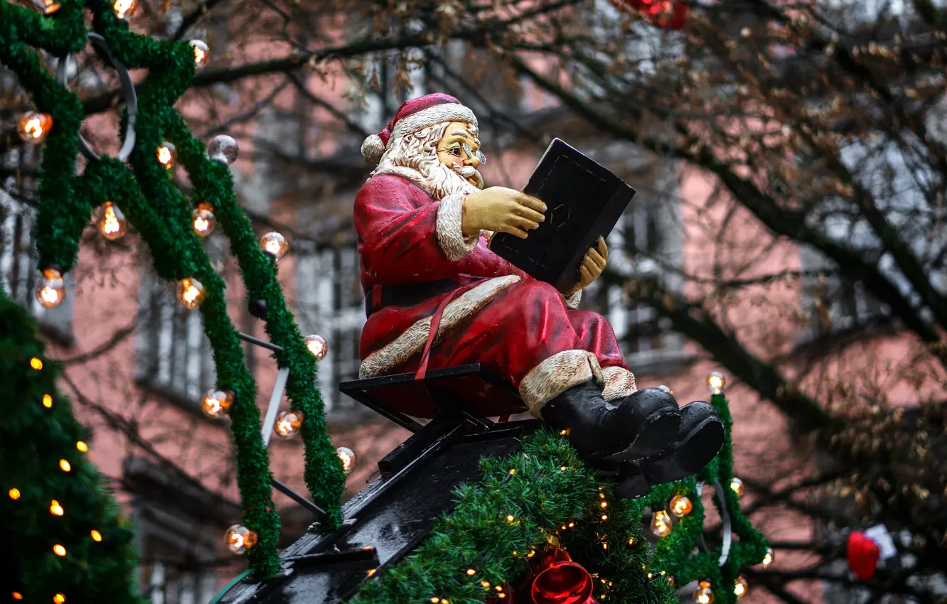 Фото обои ветки, игрушка, книга, Санта Клаус, Дед Мороз, гирлянды, лампочки, фигурка