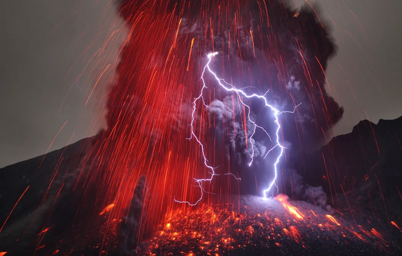 Фото обои молния, вулкан, Извержение, Сакурадзима