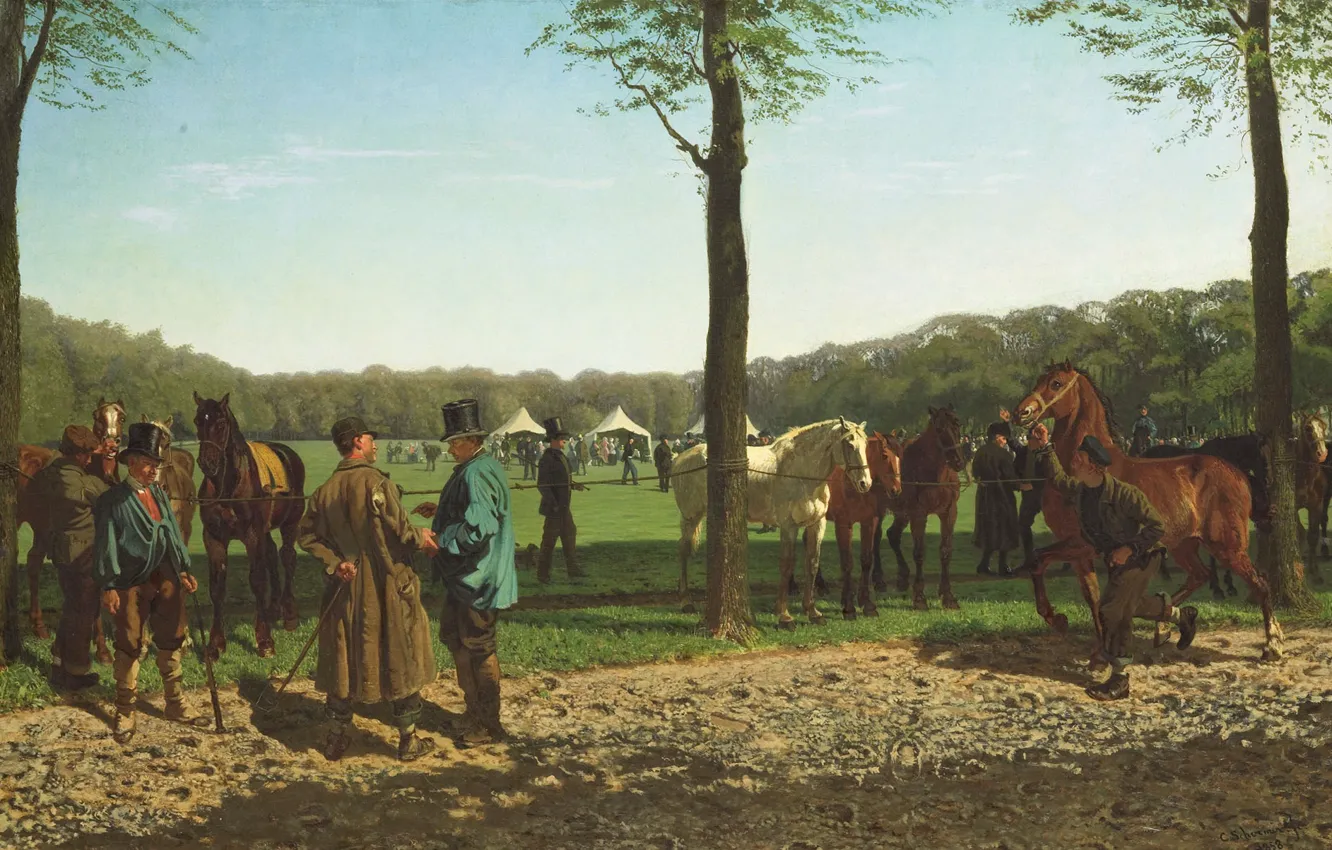 Фото обои животные, масло, картина, холст, Корнелис Альбертус Йоханнес Шермер, Рынок Лошадей в Гааге
