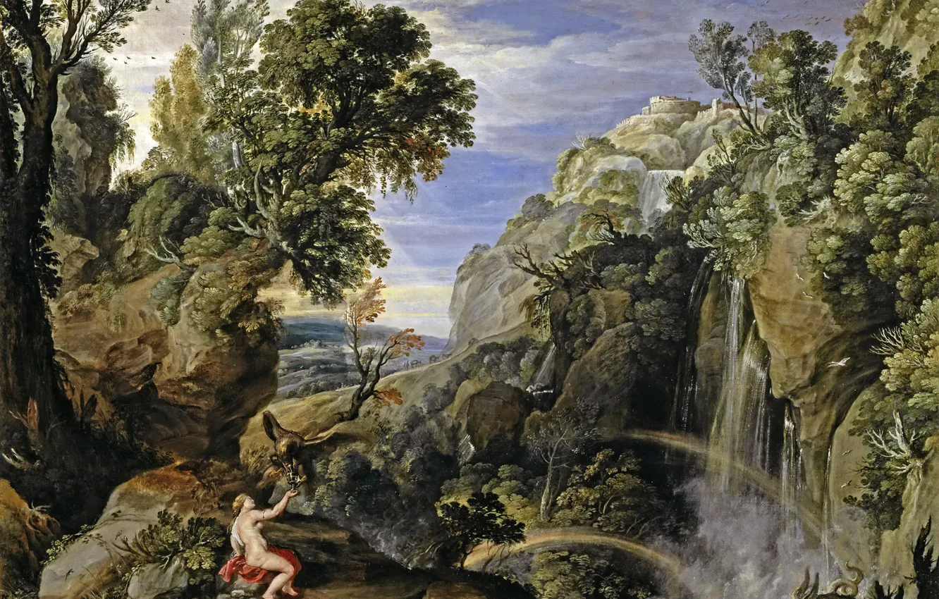 Фото обои деревья, скала, водопад, картина, мифология, Пауль Бриль, Пейзаж с Психеей и Юпитером