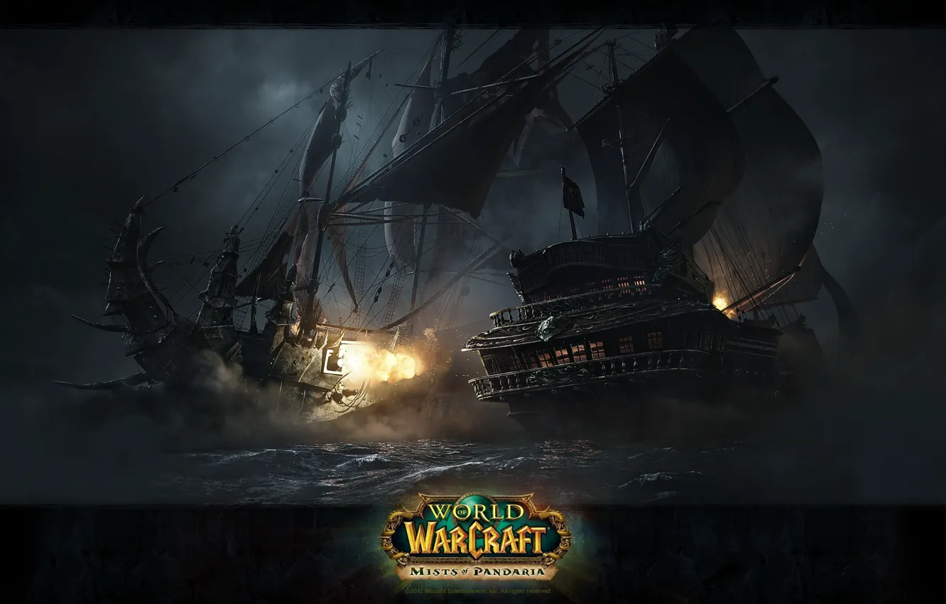 Фото обои морское сражение, линкор орды, World of Warcraft Mists of Pandaria, линкор альянса