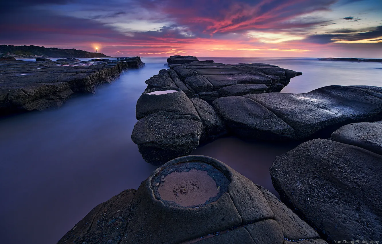Фото обои камни, маяк, утро, Австралия, Новый Южный Уэльс