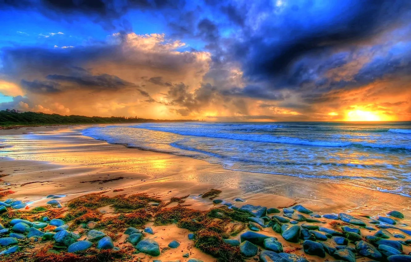 Фото обои море, облака, камни, берег, вечер, отлив, hdr, зарево