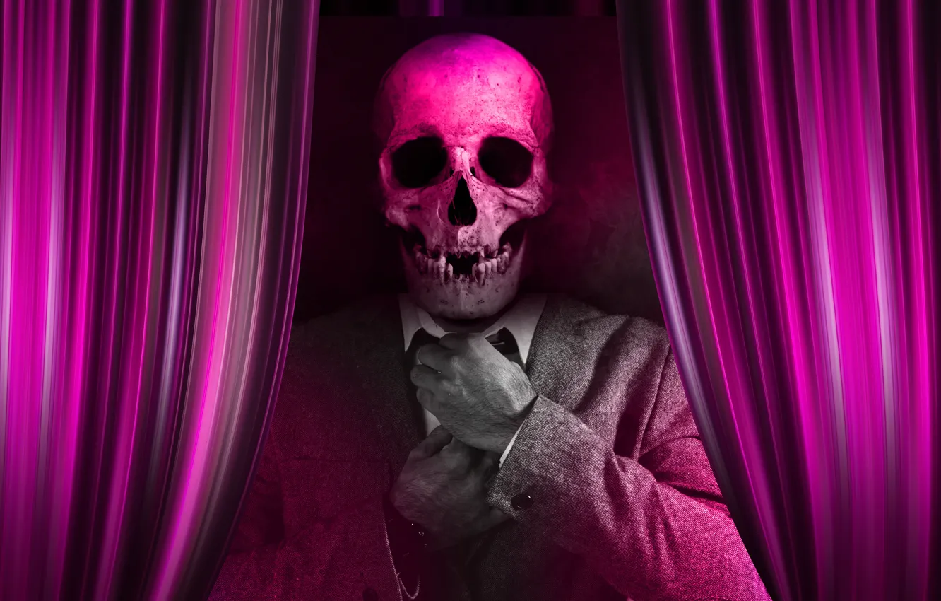 Фото обои череп, арт, костюм, галстук, мужчина