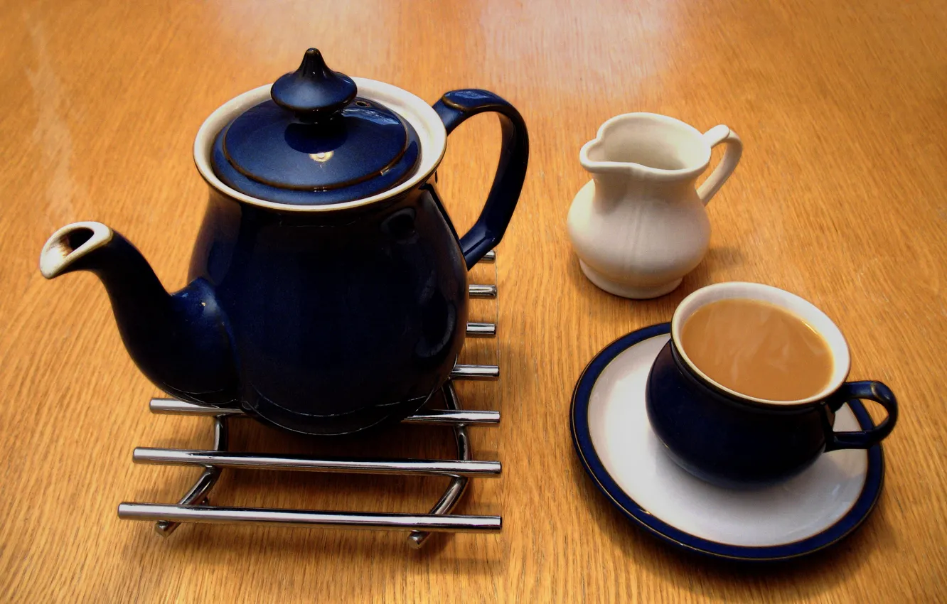 Фото обои hot, Cup, milk, saucer, kettle, coffee with milk
