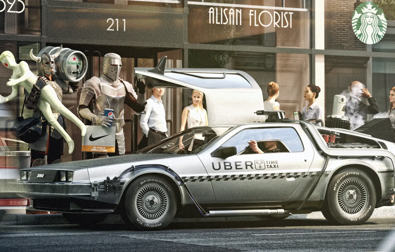 Фото обои Юмор, Доспехи, Рыцари, City, Car, Воины, Назад в будущее, DeLorean DMC-12