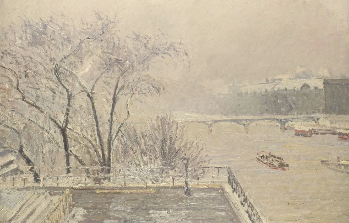 Фото обои зима, мост, город, река, Париж, картина, Сена, городской пейзаж