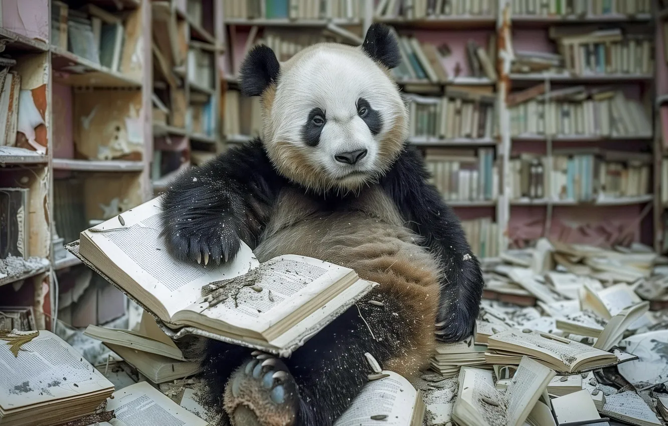 Фото обои книги, панда, библиотека, нейросеть