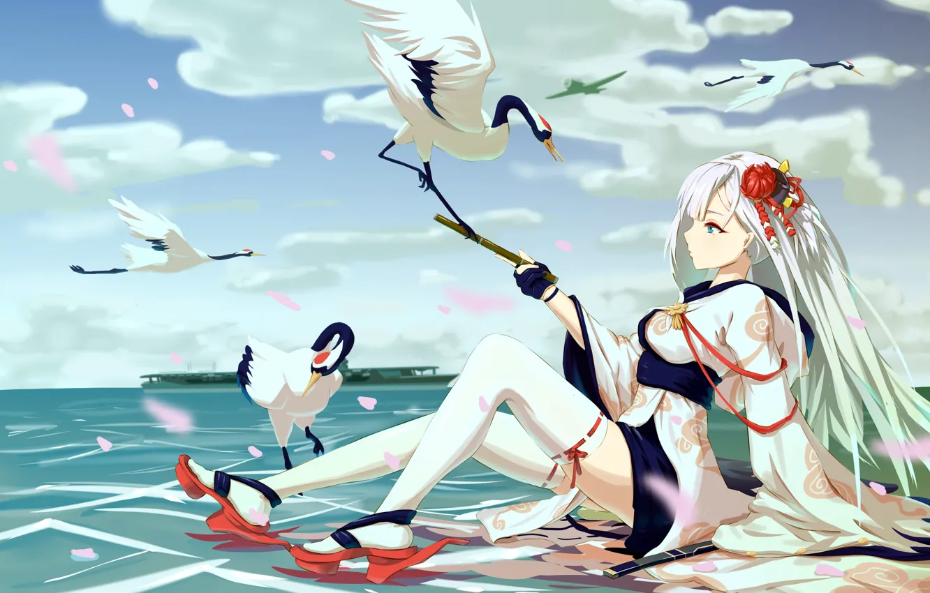 Фото обои girl, sexy, beach, thighhighs, long hair, dress, sea, anime