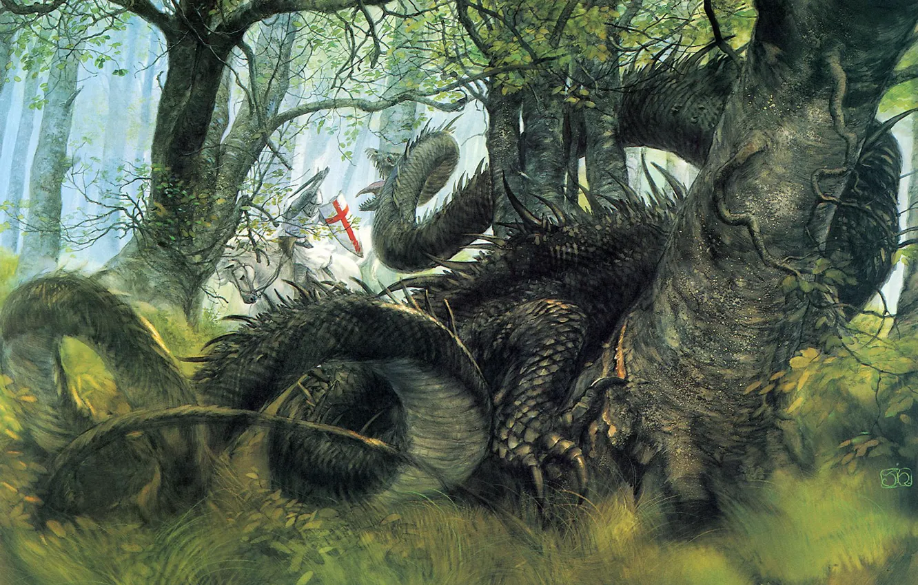 Фото обои лес, фентези, дракон, рыцарь, George and the Dragon, John Howe Saint