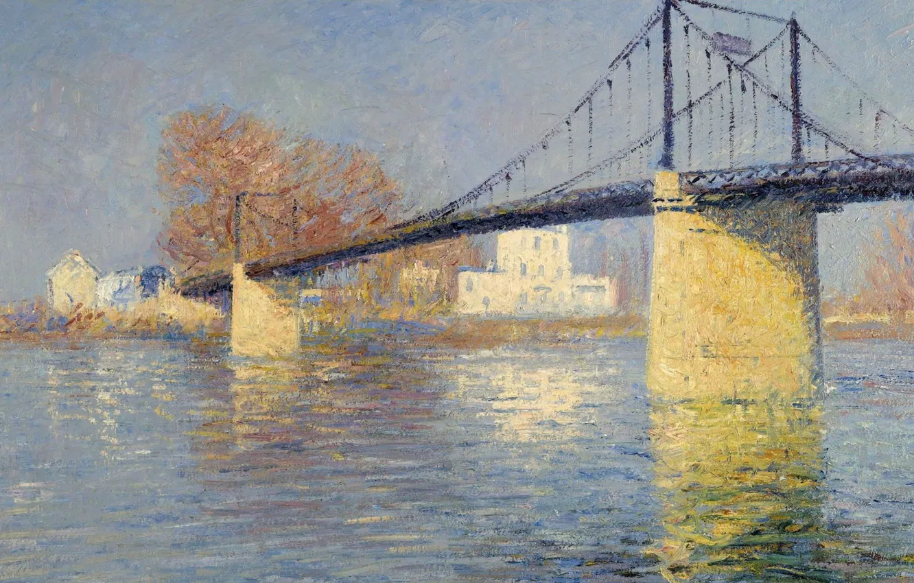 Фото обои пейзаж, река, картина, опора, Гюстав Луазо, Gustave Loiseau, Подвесной Мост в Триель-Сюр-Сена
