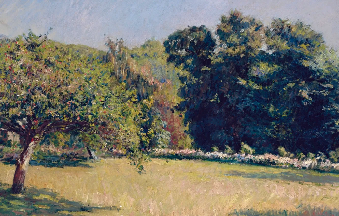 Фото обои деревья, пейзаж, картина, Gustave Caillebotte, Гюстав Кайботт, Сад в Трувиле