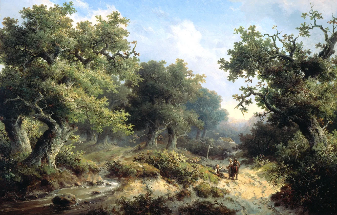 Фото обои деревья, природа, ручей, камни, картина, Якоб Йоханнес Кремер, Лесной Пейзаж со Странниками