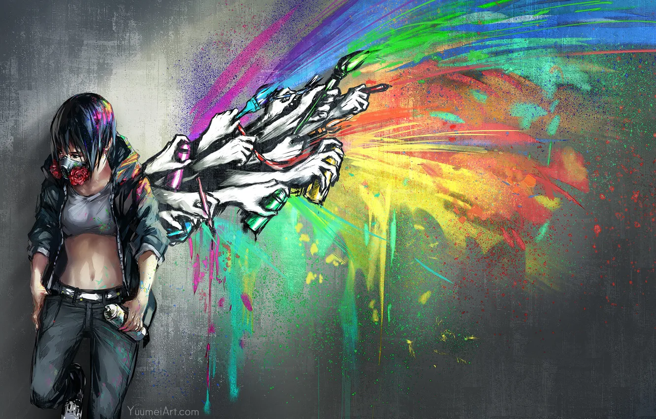 Фото обои девушка, цветы, брызги, граффити, руки, крыло, респиратор, баллончик с краской