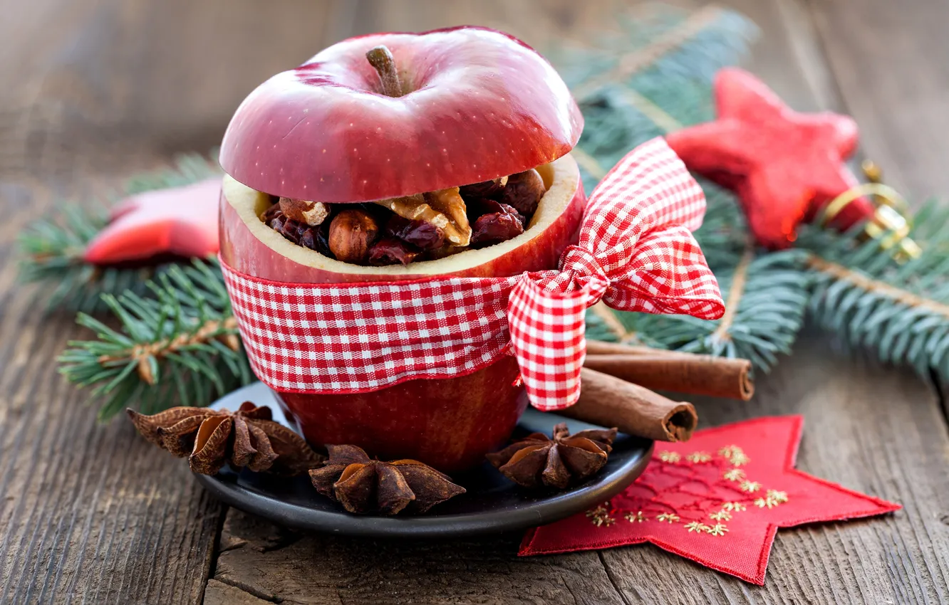 Фото обои ветки, красное, яблоко, ель, Рождество, орехи, корица, бант