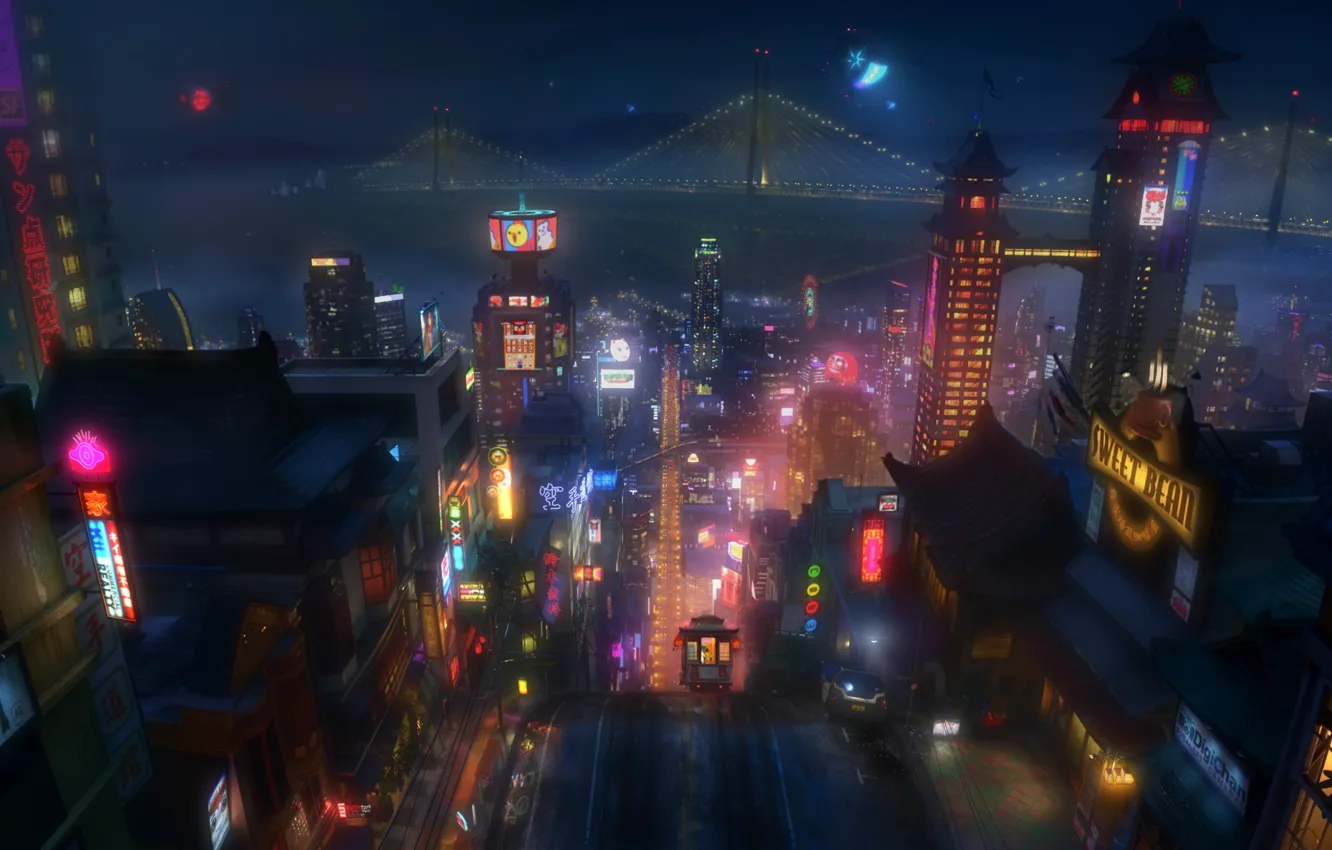 Фото обои ночь, город, огни, мультфильм, Сан-Франциско, Disney, Дисней, Шестёрка героев
