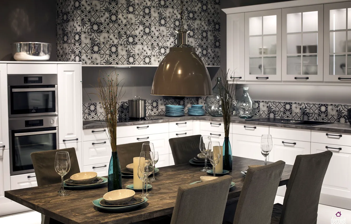 Фото обои комната, интерьер, кухня, black-white pattern kitchen