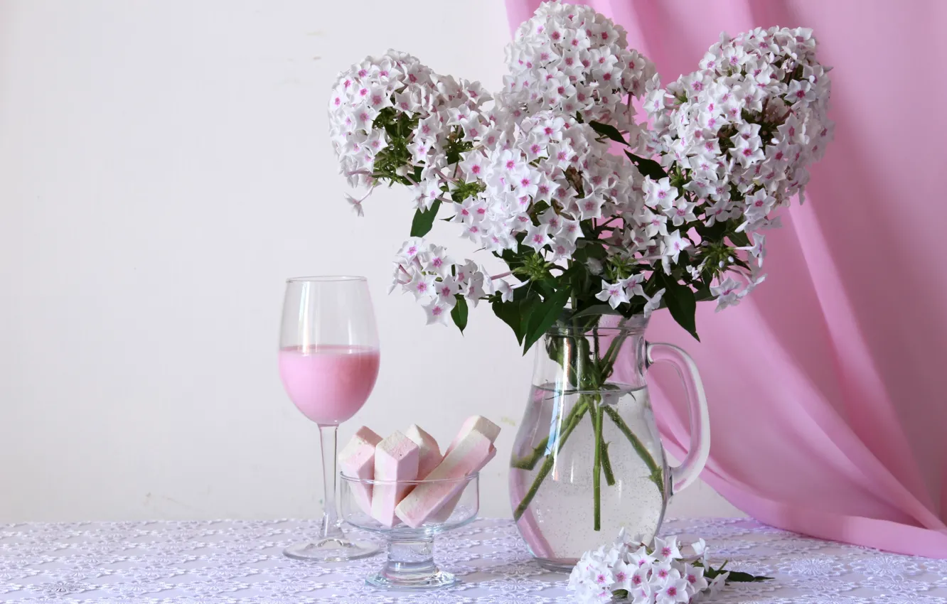 Фото обои цветы, розовый, бокал, букет, зефир, флоксы