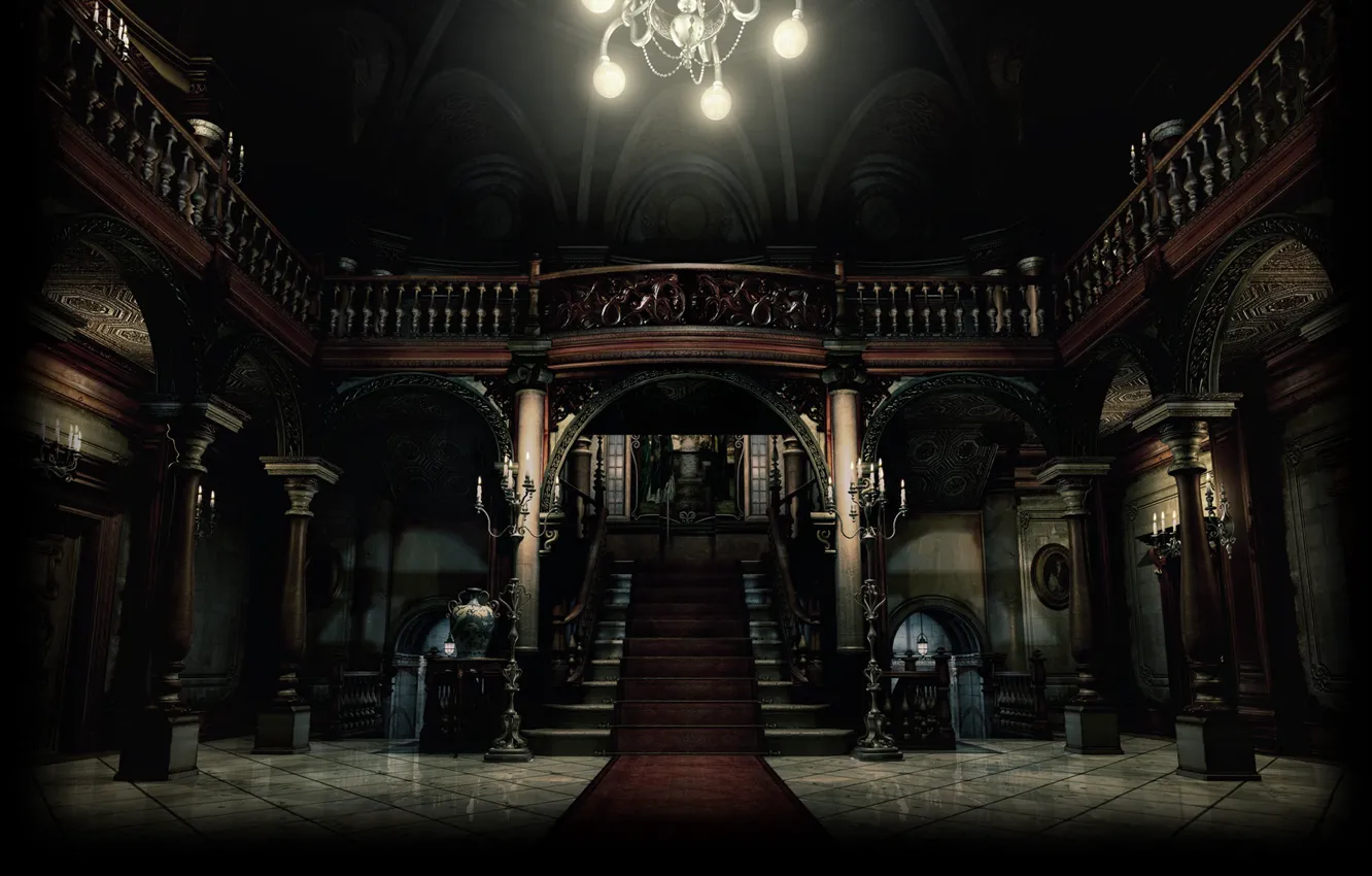 Фото обои здание, освещение, лестница, люстра, особняк, помещение, Resident Evil Remake