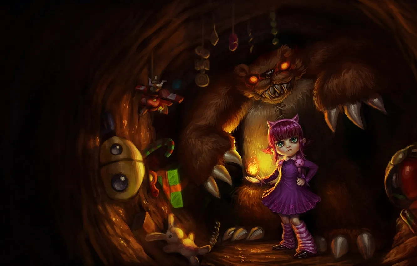 Фото обои огонь, магия, игрушки, монстр, медведь, арт, девочка, пещера