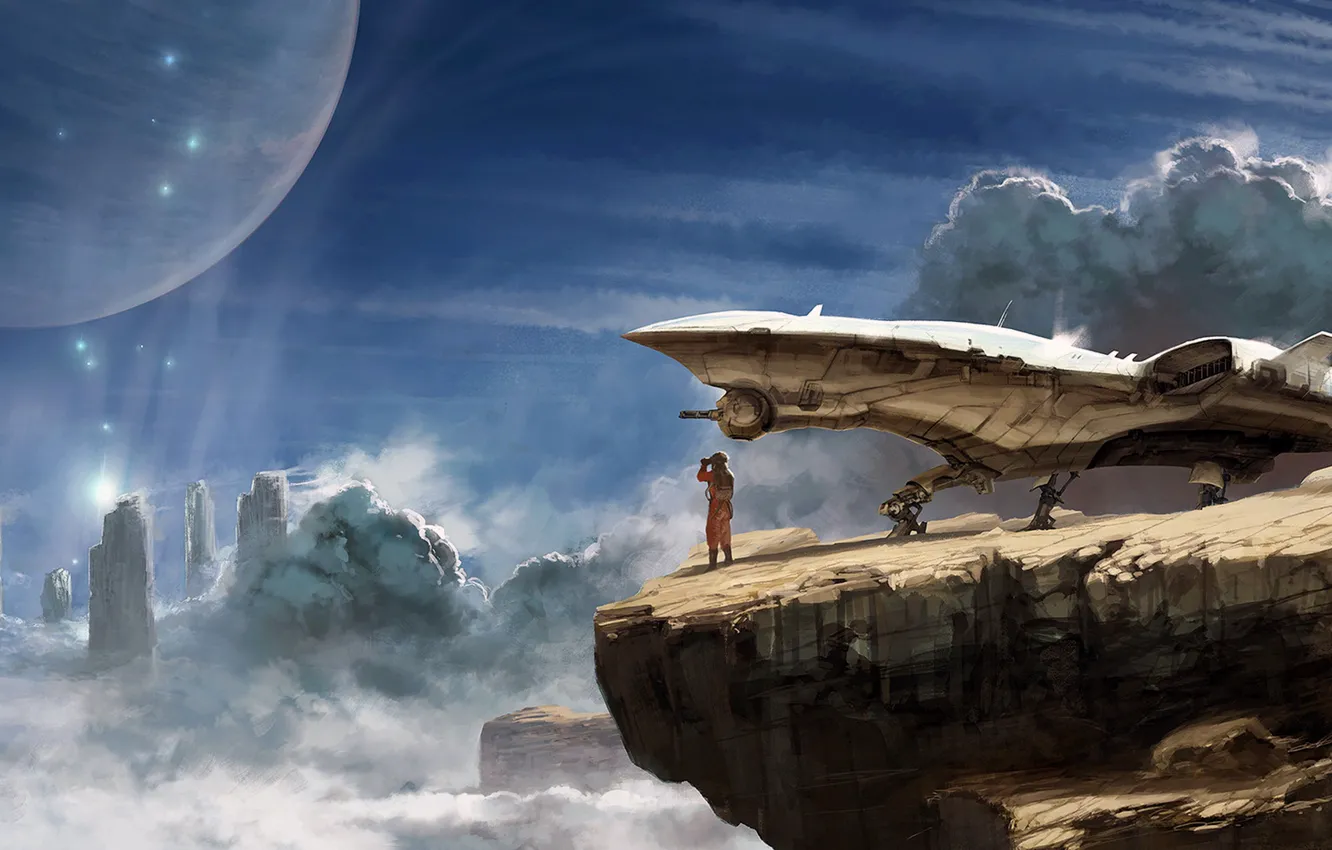 Фото обои fantasy, sky, science fiction, clouds, rocks, spaceship, sci-fi, planet